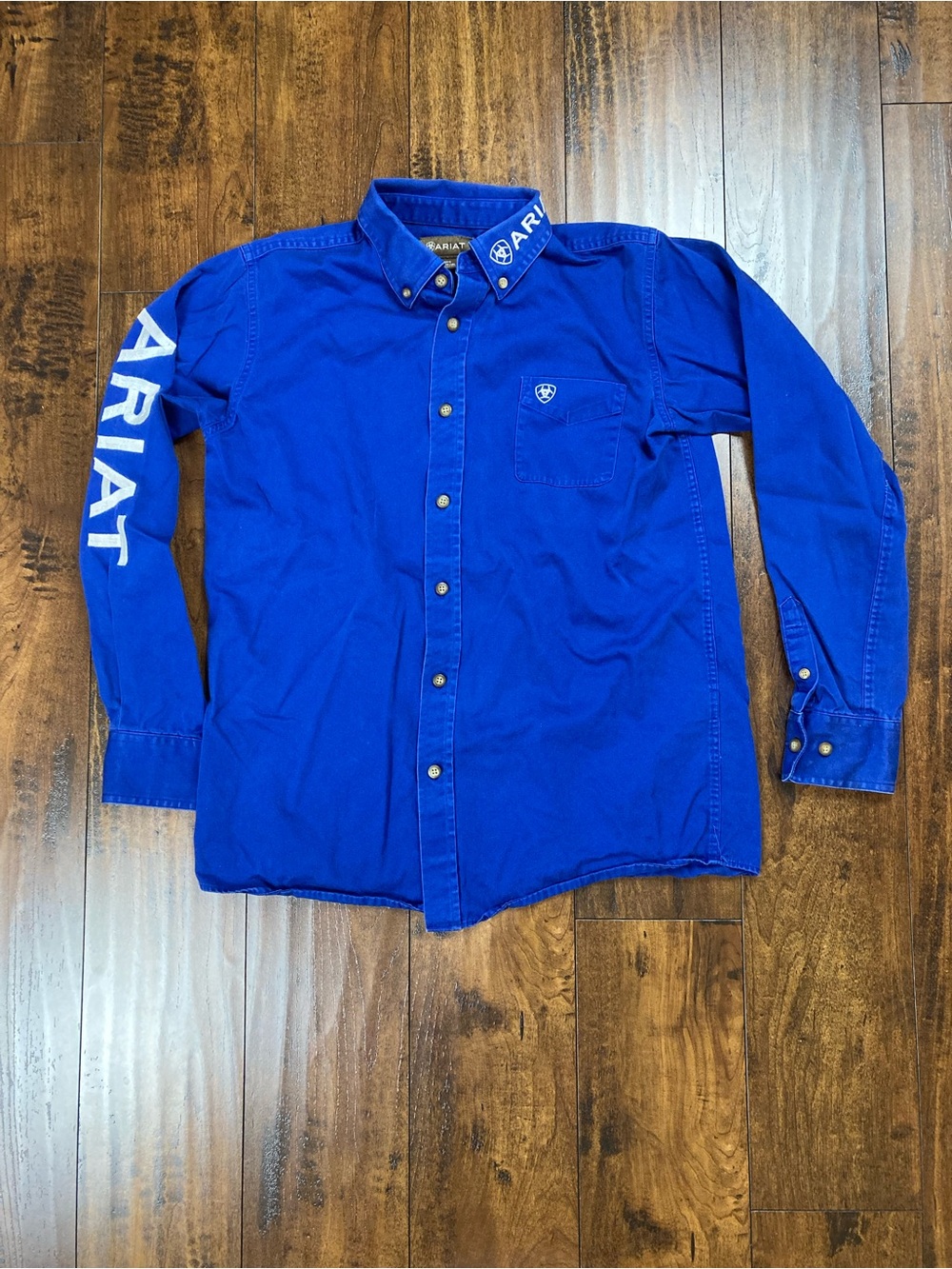 Ariat Royal Blue Logo Long Sleeve Western Rodeo Button Up Shirt Boys XL (18).